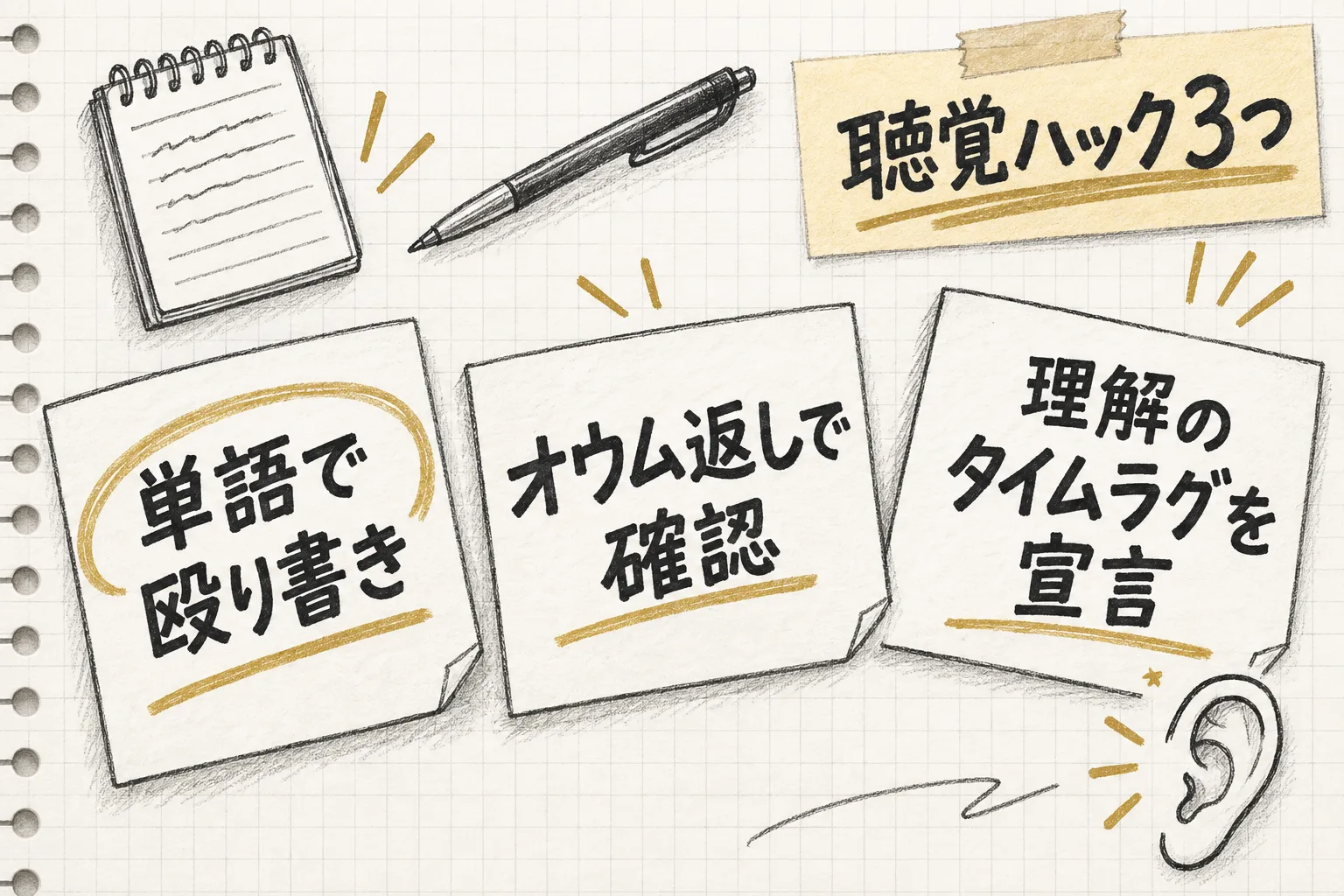 単語で殴り書きする・オウム返しで確認する・理解のタイムラグを宣言するという3つの聴覚ハックを示す